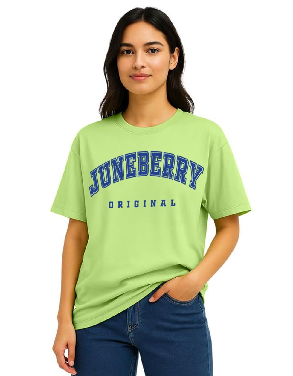 Juneberry 100% Pure Cotton Oversized Drop Shoulders Brand Logo Typography Print Round-Neck Relaxed Fit Green T-Shirt For Women (