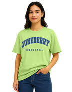 Juneberry 100% Pure Cotton Oversized Drop Shoulders Brand Logo Typography Print Round-Neck Relaxed Fit Green T-Shirt For Women (