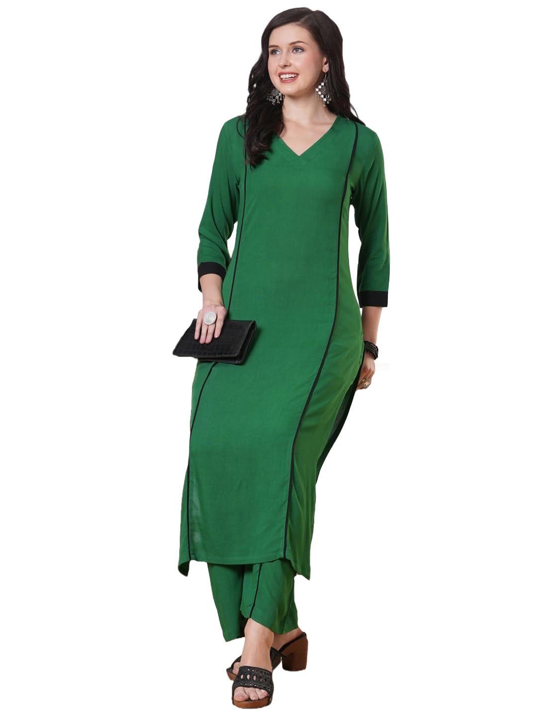 ANNI DESIGNER Women 's Plain Rayon Viscose Palazzo Kurta, Green, XL