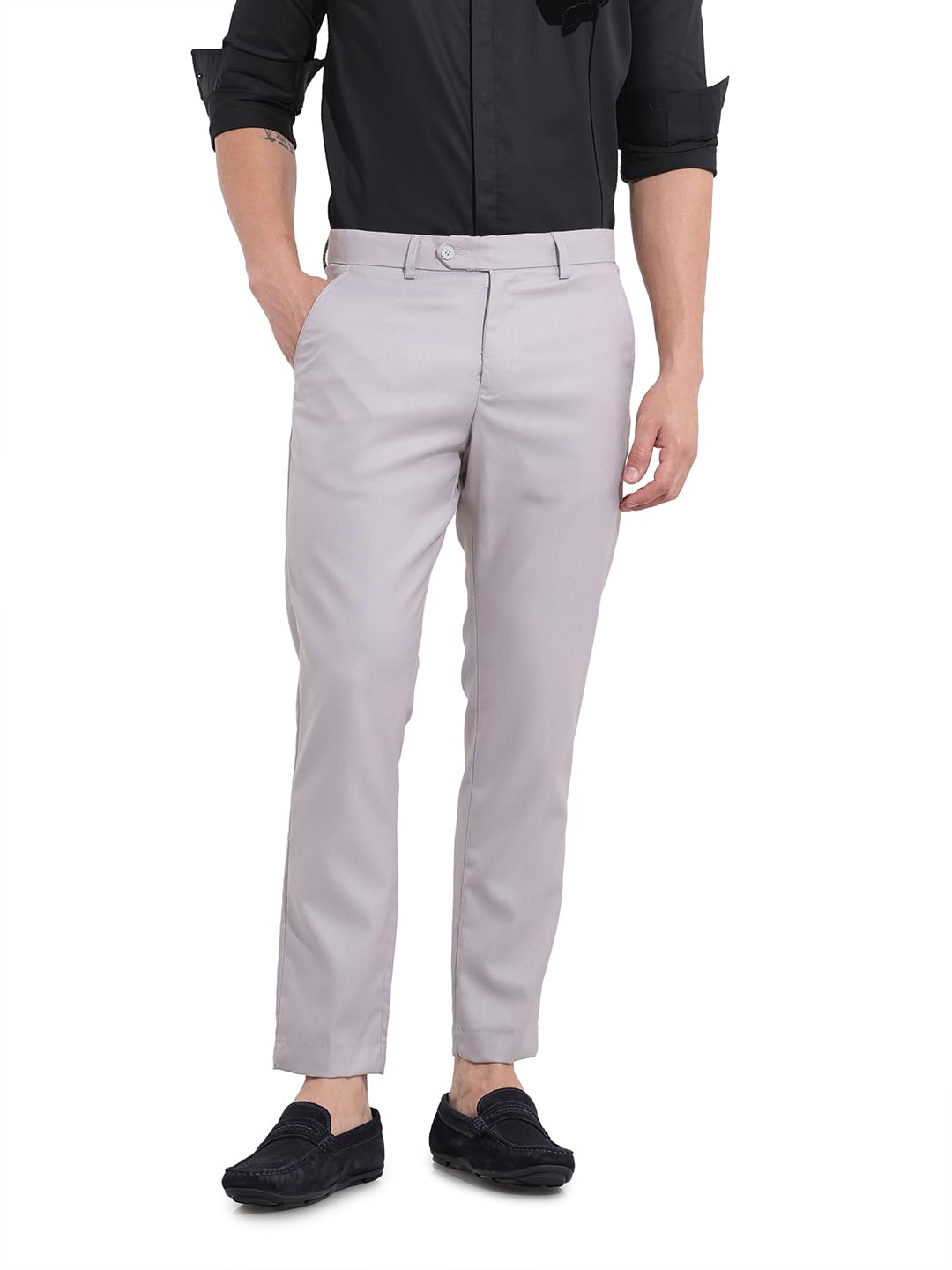 The Indian Garage Co Mens Slim Fit Self Design Mid-Rise Stretchable Formal Trousers Pants