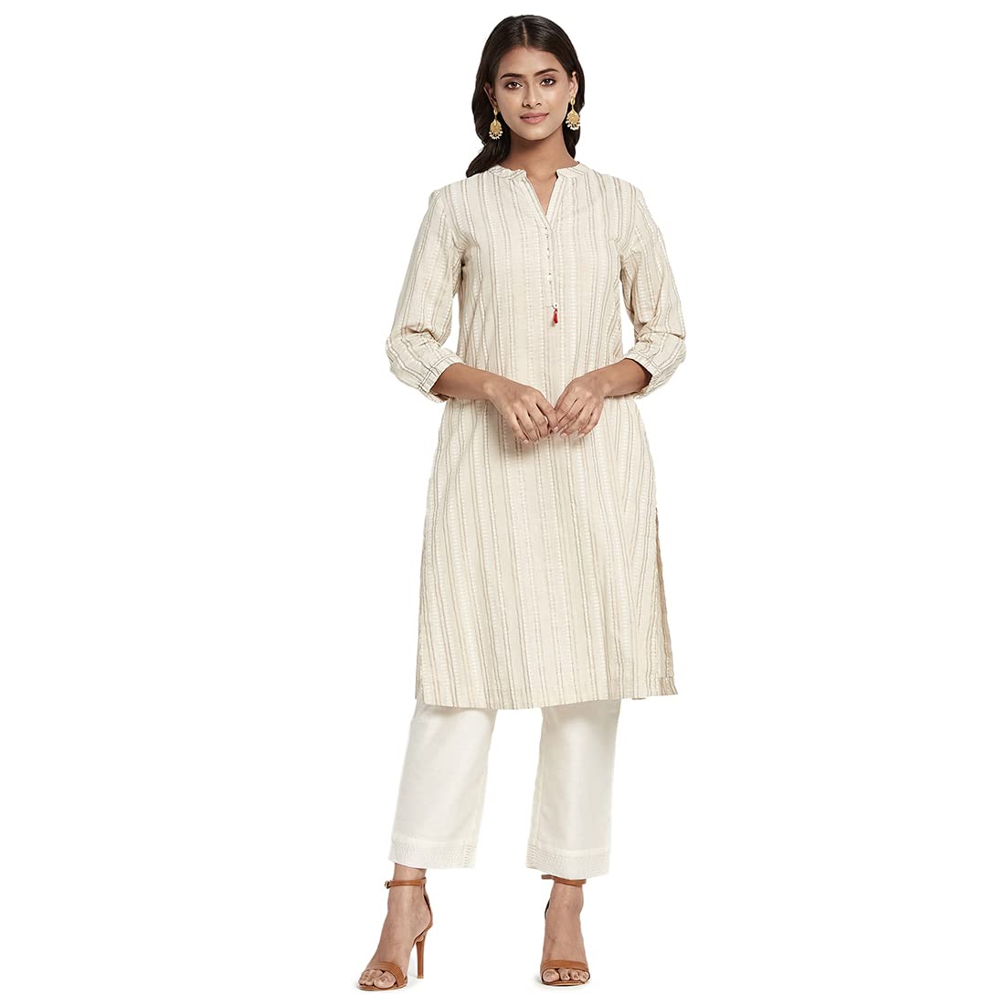 Fabindia Women Cotton Hand Block Print Knee Length Kurta Natural_M