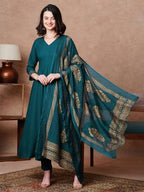 ANNI DESIGNER Womens Rayon Blend Solid Anarkali Kurta with Pant & Dupatta (Magic-KEROSIN-NB_L_Dark Blue_Large)