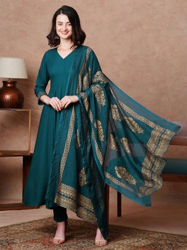 ANNI DESIGNER Womens Rayon Blend Solid Anarkali Kurta with Pant & Dupatta (Magic-KEROSIN-NDM_XXL_Dark Blue_XX-Large)