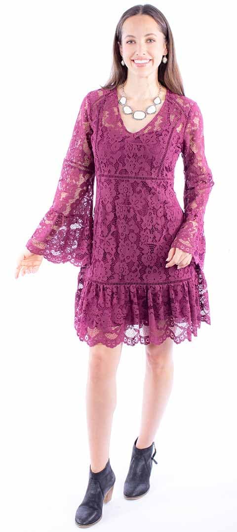 Scully Womens Lace Crochet Bell Sleeve Dress - HC557-WINE X- US Merlot-New Condition