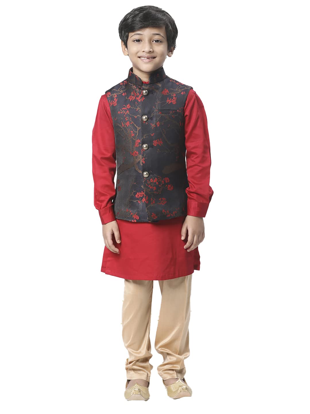 Manyavar Blended Rayon Kurta, Churidar With Jacket Set For Kids & Boys(8-10 Years)