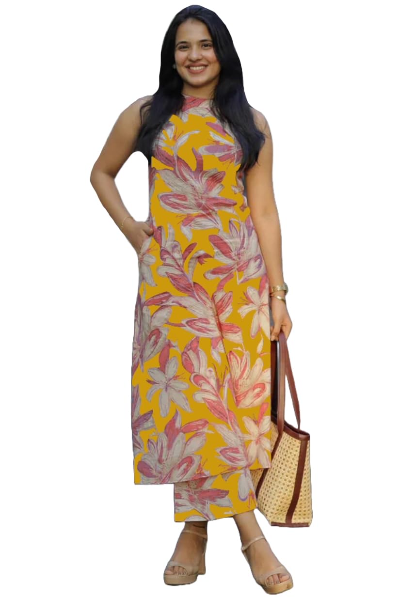 ANNI DESIGNER Womens Rayon Viscose Straight Printed Kurta with Pant (VCM Yellow_XXL_Yellow_XX-Large)