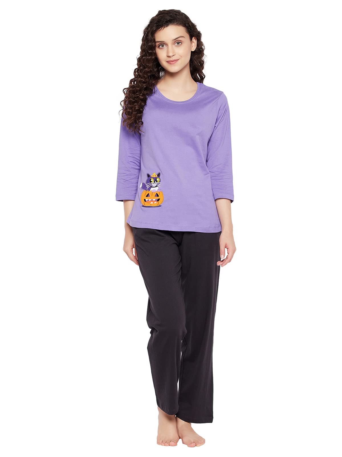 Clovia Womens Halloween Print Top & Solid Pyjama Set (LS0581A12_Purple_XL)