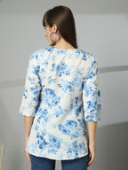 OOMPH! Lace Border,Kashmiri Tunic Top, Short Kurti for Women on Jeans, V-Neck, 3/4 Sleeve, Floral Design Blue