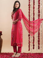 ANNI DESIGNER Womens Rayon Blend Straight Bandhej Printed Kurta with Pant & Dupatta (TURAE RANI-VKS04_M_Pink_Medium)