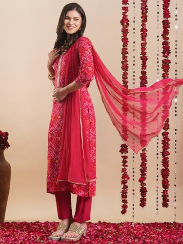 ANNI DESIGNER Womens Rayon Blend Straight Bandhej Printed Kurta with Pant & Dupatta (TURAE RANI-VKS04_M_Pink_Medium)