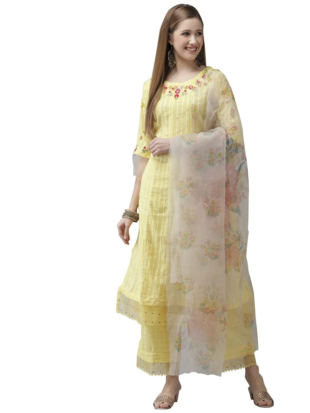 Ishin Women'S Cotton Blend Yellow Embroidered A-Line Kurta Set With Trouser And Dupatta