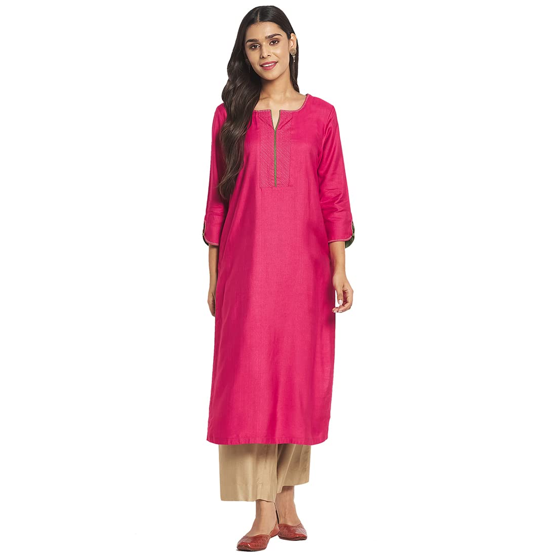 Fabindia Women Viscose Silk Embroidered Long Kurta Pink_S