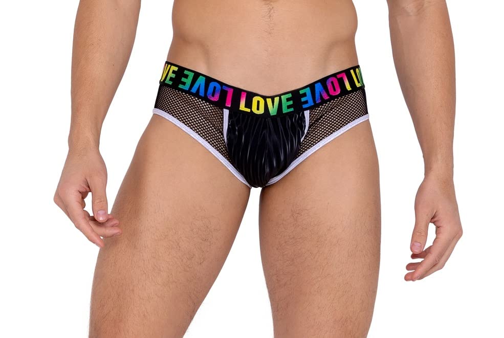 Roma Pride Collection Mens Briefs with Sheer Fishnet Panel and Rainbow Logo, Black/Multi, Medium