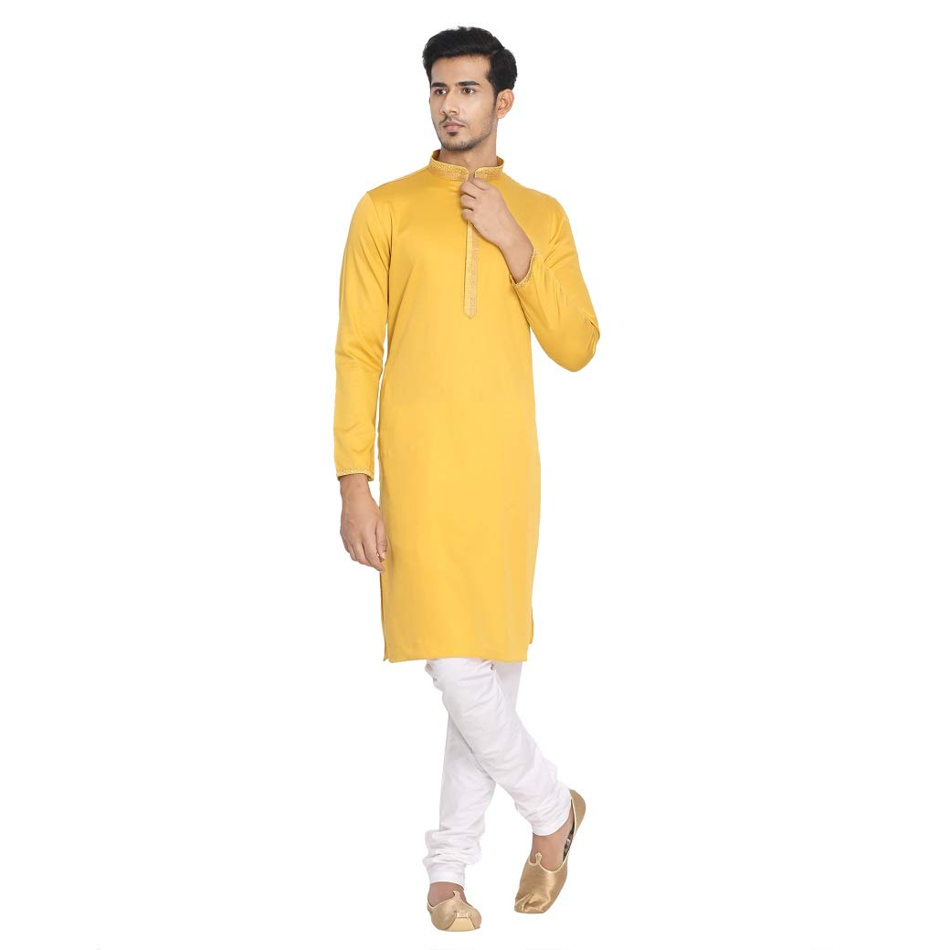 Manyavar Traditional Solid Kurta And Churidar Set For Men - (Yellow, Large)