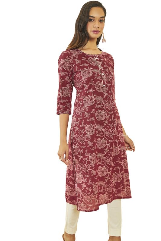 Soch Womens Cotton Floral Print Straight Kurta With Gota Patti Details