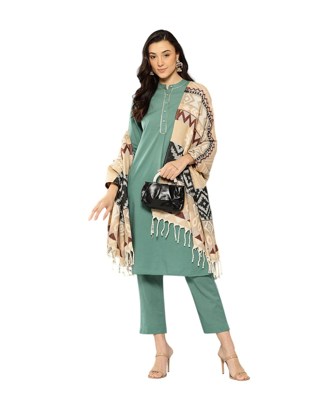 Aarika Womens Winter Wear Cream-Black Colour Diamond Woolen Shawl-(FREE-SIZE)-(SWL-W-AS-108-CREAM-BLACK-FREE-SIZE)