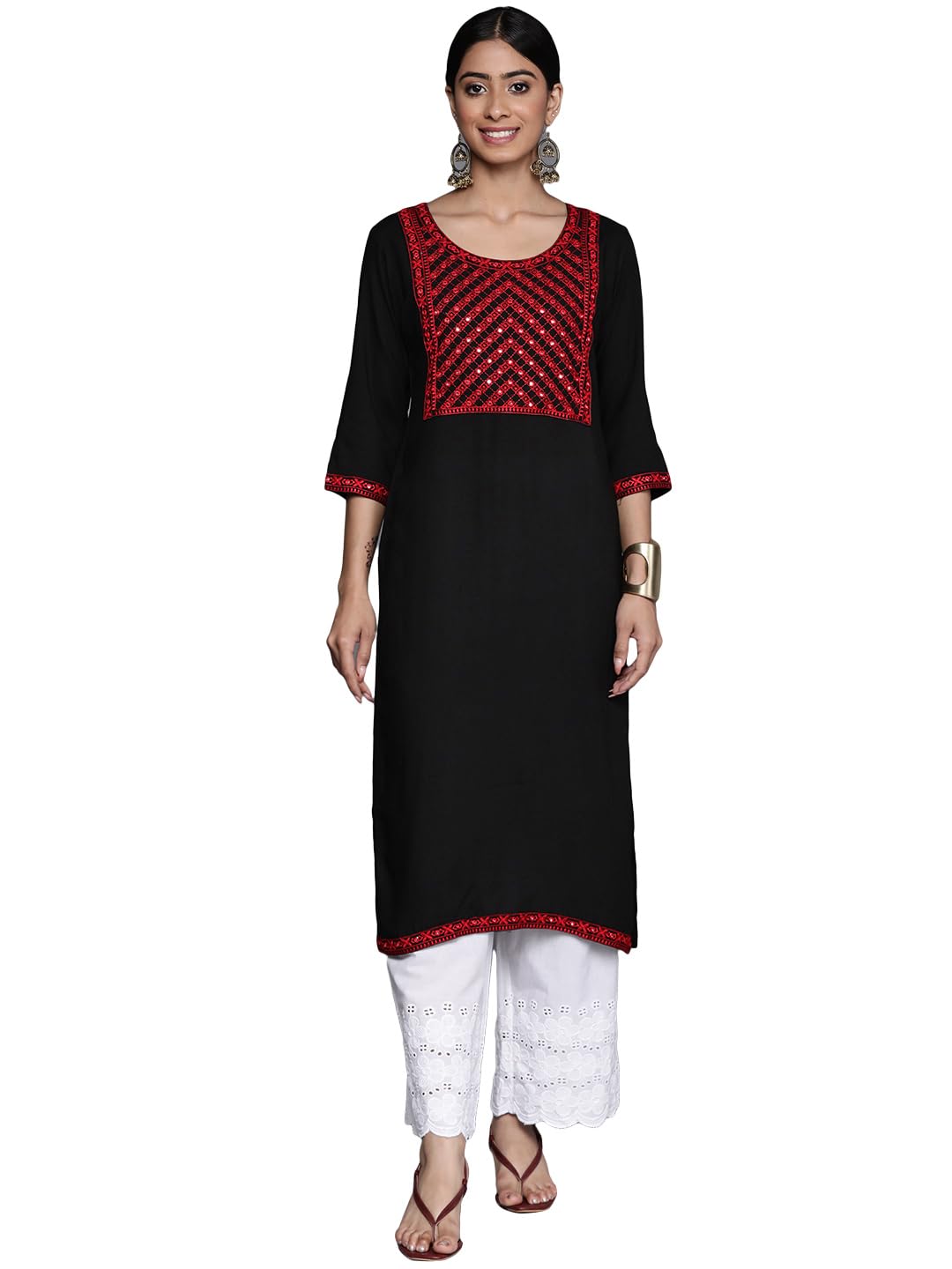 Libas Women'S Rayon Blend Embellished Straight Kurta (24265_Black