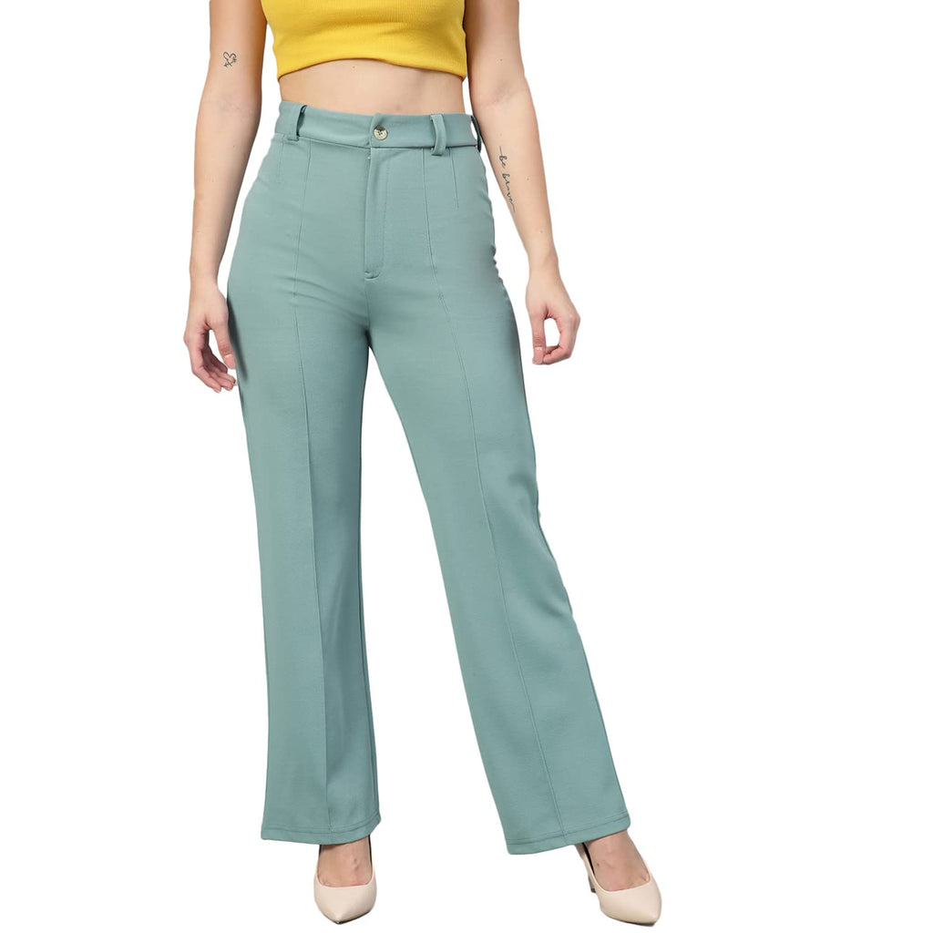 KOTTY Women Polyester Blend Green Solid Trousers(Light Moss Green,34)