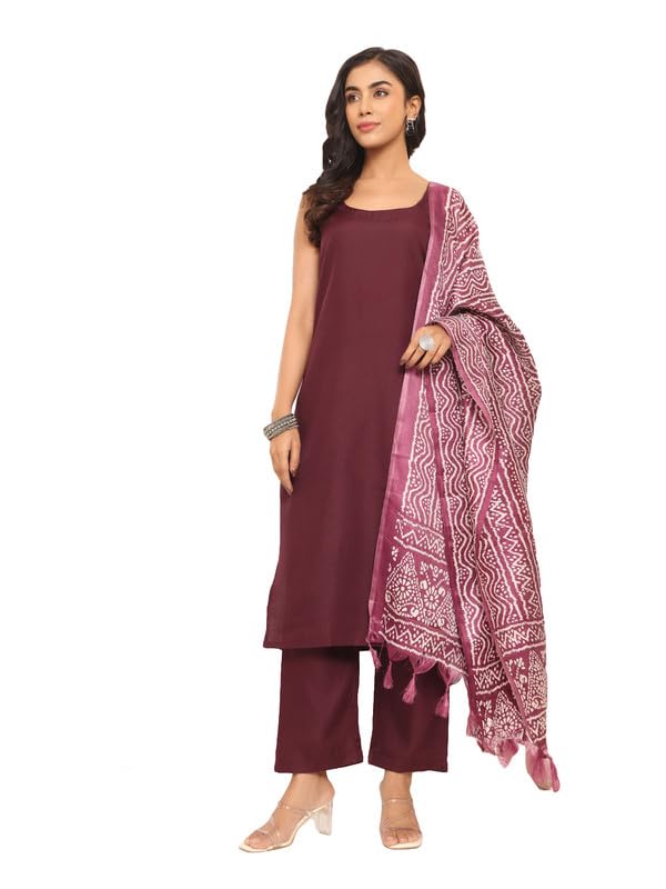 Varanga Womens Violet Strap Kurta with Tonal Bottom & Printed Dupatta  Round Neck, Side Slit Design for Elegant Look