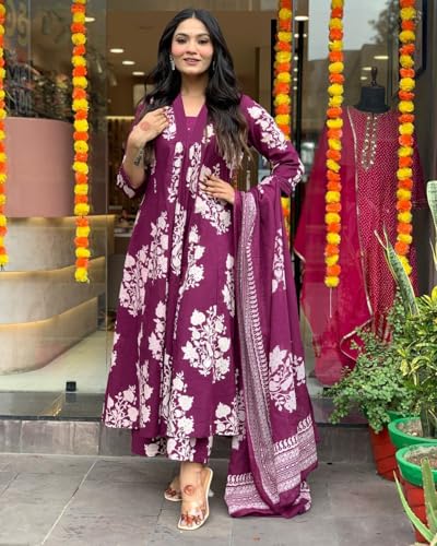 ANNI DESIGNER Womens Rayon Blend Anarkali Printed Kurta with Pant & Dupatta (Jasiwal Wine_XL_Wine_X-Large)