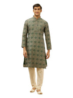 Manyavar Mens Green Blended Viscose Printed Kurta Churidar Set(XL)