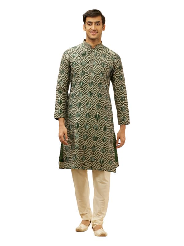 Manyavar Mens Green Blended Viscose Printed Kurta Churidar Set(XL)