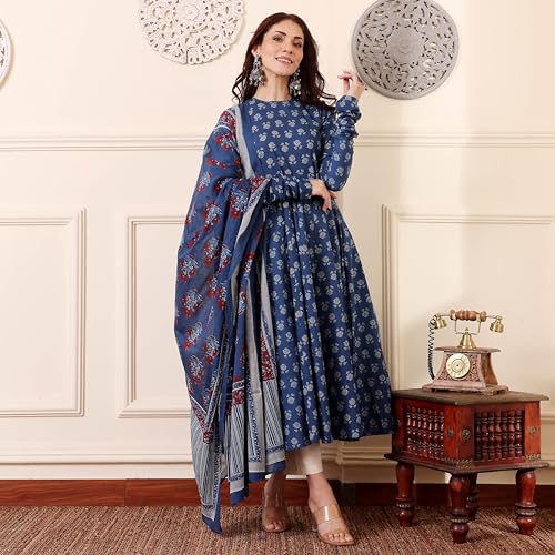 ANNI DESIGNER Womens Rayon Viscose Anarkali Printed Kurta with Pant & Dupatta (Menon Blue_XXL_Blue_XX-Large)