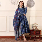 ANNI DESIGNER Womens Rayon Viscose Anarkali Printed Kurta with Pant & Dupatta (Menon Blue_XXL_Blue_XX-Large)