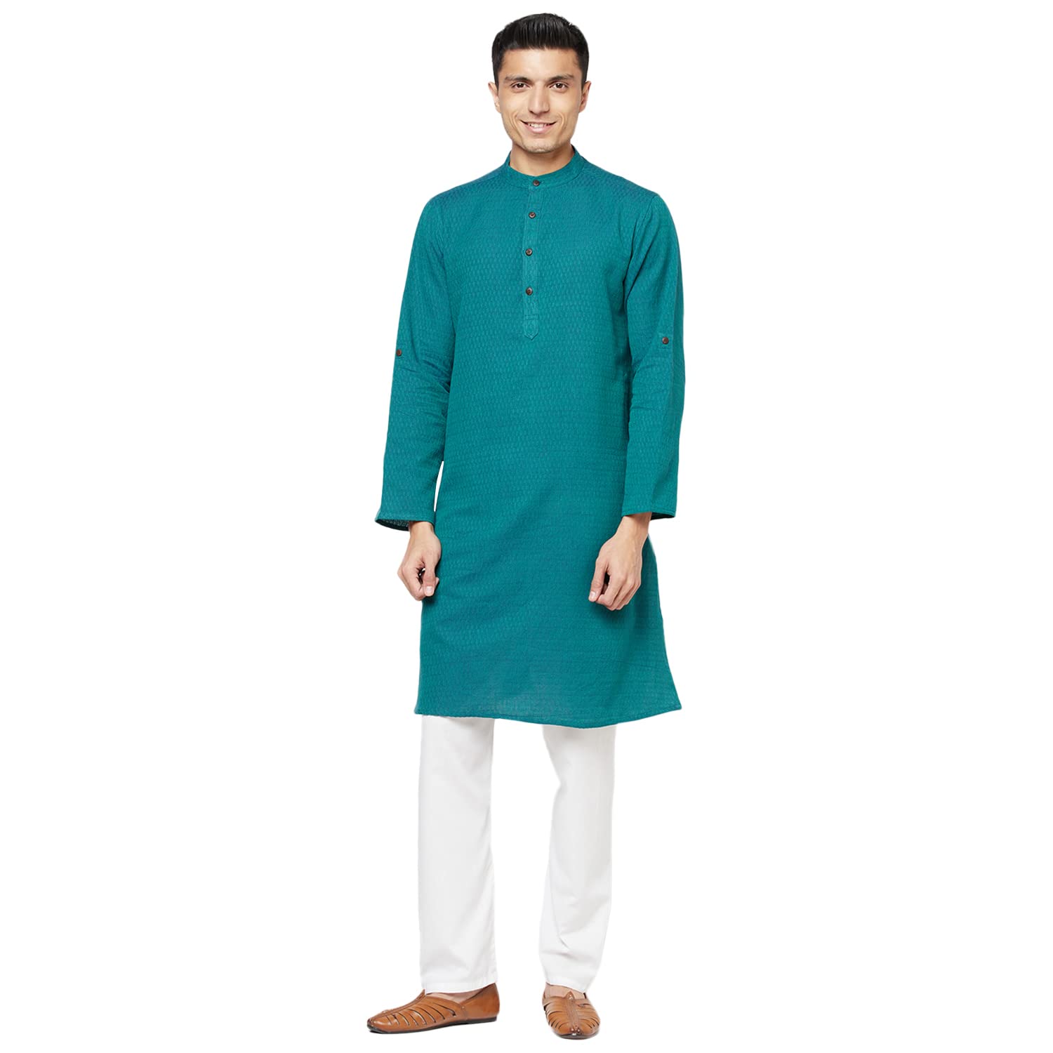 Fabindia Men Dobby Weave Long Kurta Cotton_Xs Light Green