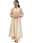 Toochki Women'S Muslin Flared Anarkali Embroidered Kurta With Palazzo Beige