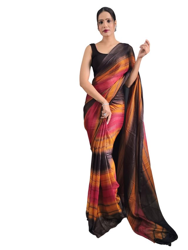 Satrani Womens Georgette Printed & Ready To Wear Saree with Unstitched Blouse Piece (3374S363NA_Yellow & Maroon &Black3)