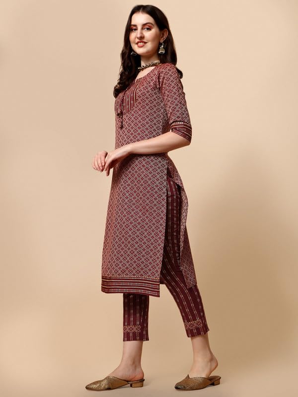 Nainvish Cotton Blend Kurti Pant & Dupatta | Kurta Set For Women | Women Kurta Pant Dupatta Set | Maroon Kurta Set For Women | Printed Kurta Pant Dupatta Set