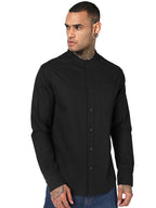 Bewakoof Mens Solid Regular Fit Full Sleeve Mandarin Collar Cotton Linen Blend Shirt_1500950_Black_M
