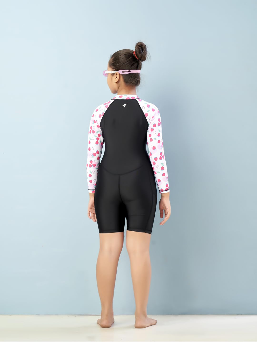 Aarika Girls Sports Wear Black-Blue Colour Strawberry Print Nylon Swim Suit (2-9 Years)-(SW-SHM-AB-612)