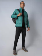 High Star Men Teal Polyester Mandarin Collar Long Sleeves Puffer Jacket