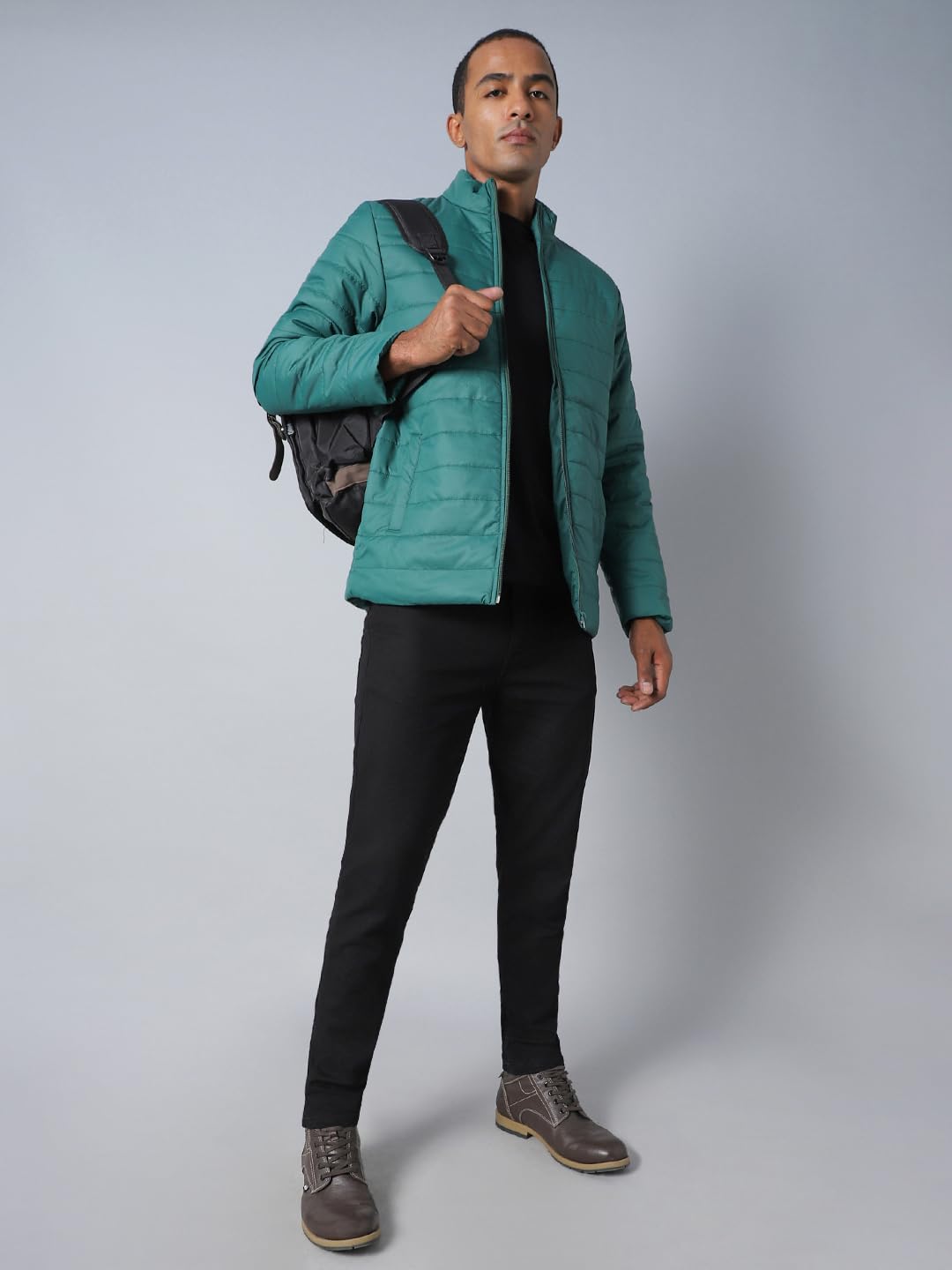 High Star Men Teal Polyester Mandarin Collar Long Sleeves Puffer Jacket