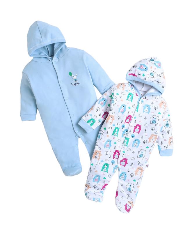 BUMZEE Sky Blue & White Baby Boys Full Sleeves Sleepsuit with Hood Pack of 2 Age - New Born (Peb10014A-sbl)
