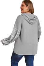 Gray Mixed Pattern Waffle Knit Patchwork Half Buttons Plus Hooded Top