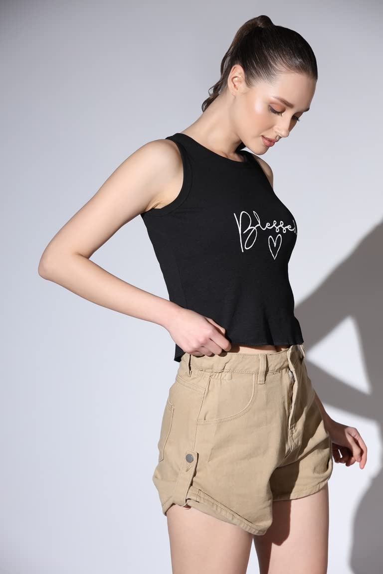 OM SAI LATEST CREATION Crop Tops for Women || Ribbed Solid Chest Printed Crop Top for Girls || Text & Hart Print with Round Neck