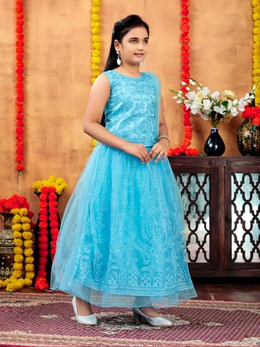 Aarika Girls Ethnic Wear Turquoise Colour Thread Embroidery Net Lehenga Choli Set (4-10 Years)
