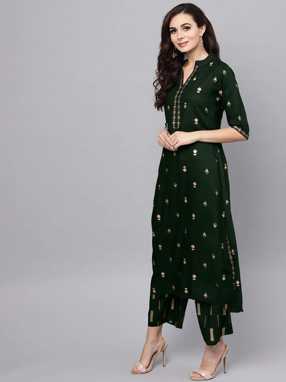 Gosriki Women'S Rayon Printed Straight Kurta With Palazzo Set (Presha Green_Xl)