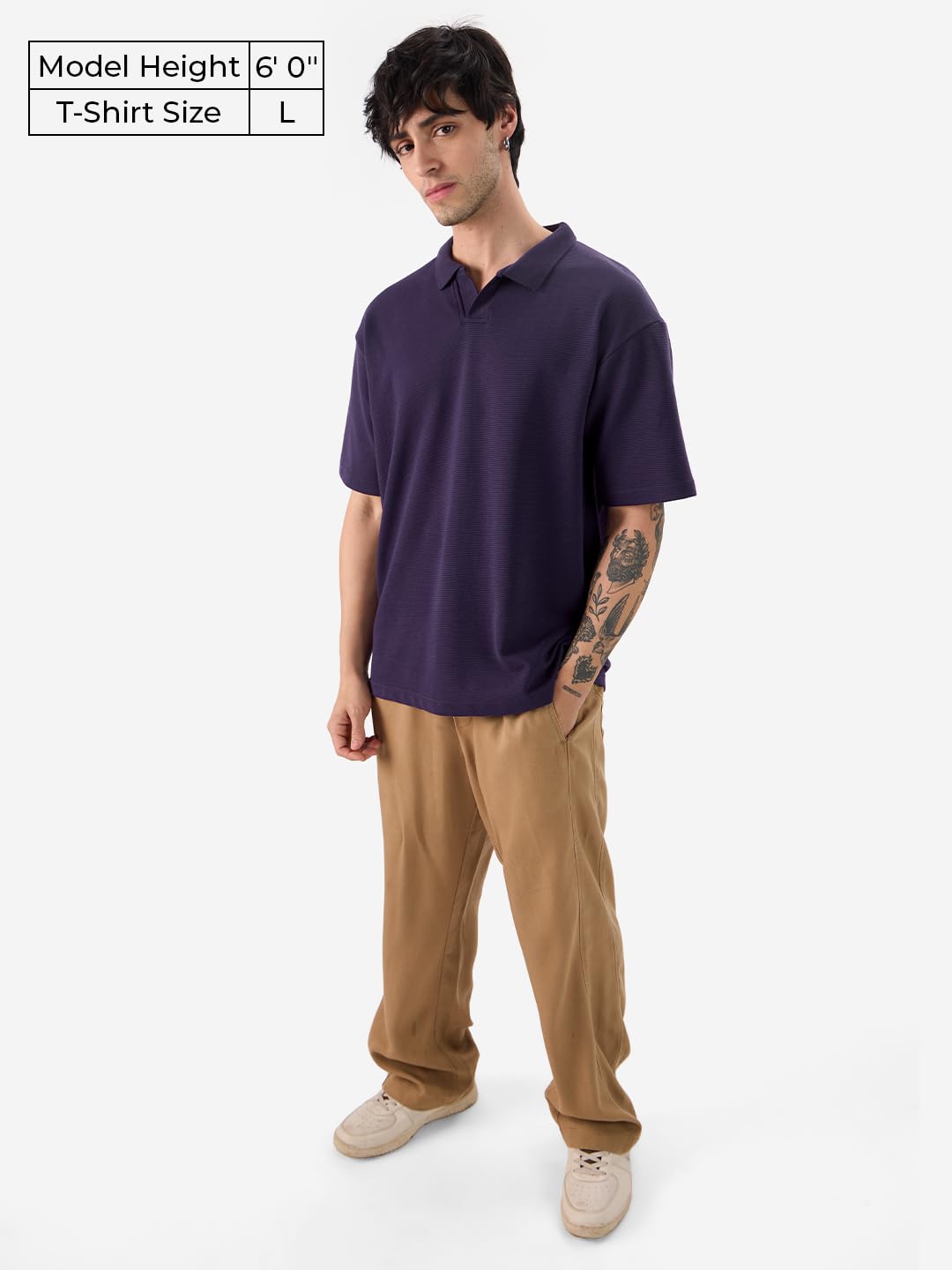 The Souled Store Solids: Berry Blue Men and Boys Short Sleeves Collared Neck Textured Cotton Blend Oversized Polos