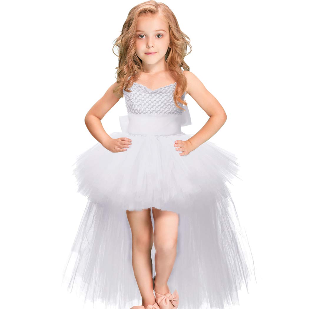 HJTT White Tutu Dress for Girls Wedding Party Tulle Princess Dresses Toddler Birthday Gift Kids Christmas Halloween Costume (Whi