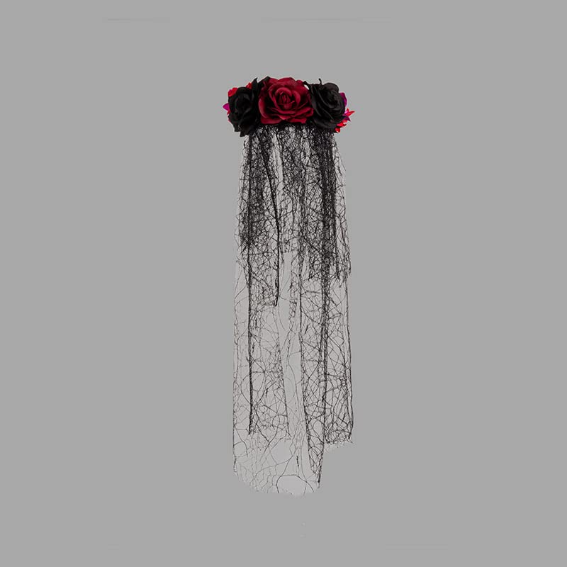 June Bloomy Day of the Dead Headpiece Rose Floral Crown Veil Halloween Costume Mexican Headband (D-Veil Burgundy Black)