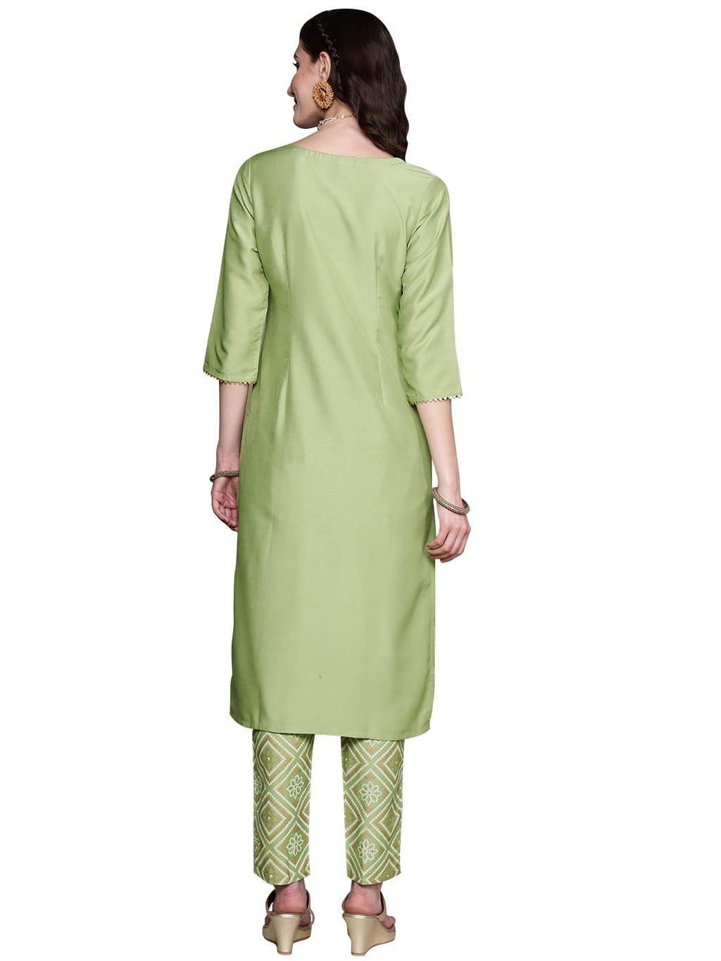 Ziyaa Women'S Paroot Green Chinon Straight Kurta And Pant Set(Zikuch3792Andpa)