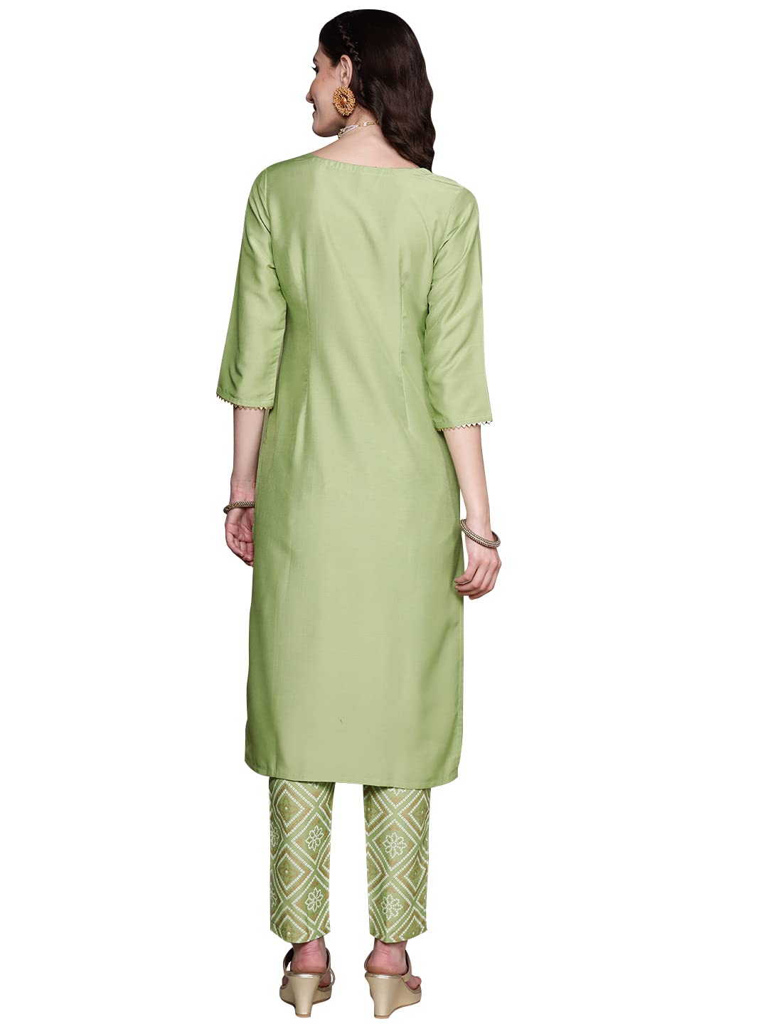 Ziyaa Women'S Paroot Green Chinon Straight Kurta And Pant Set(Zikuch3792Andpa)