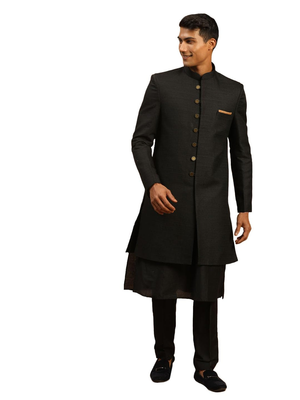 VASTRAMAY Mens Black Viscose Sherwani Set