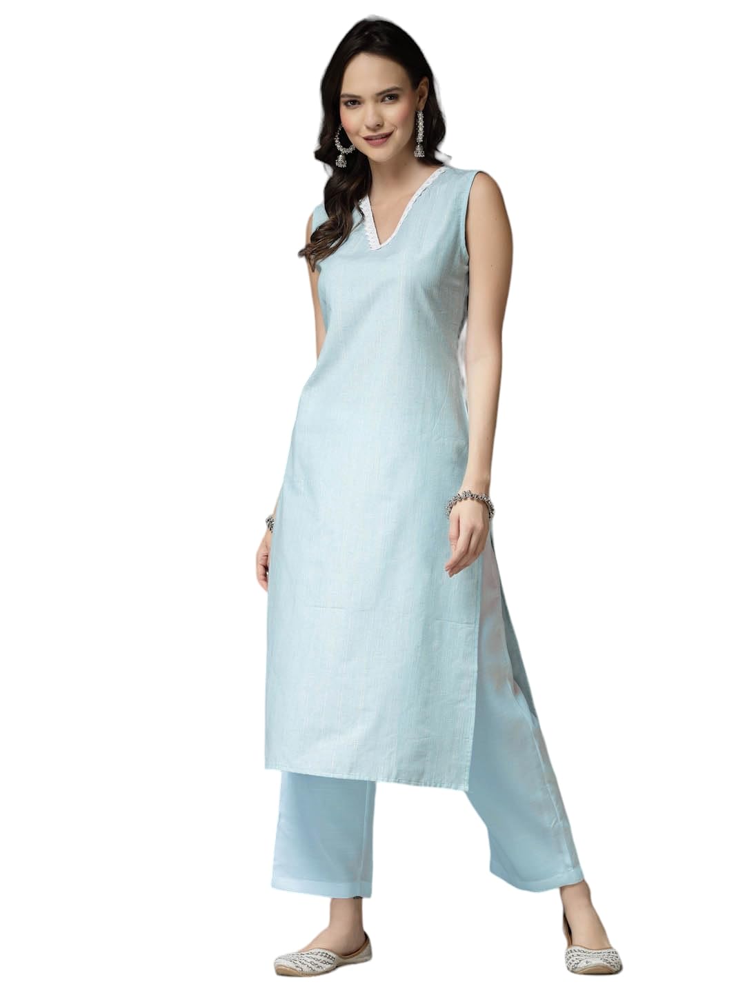 Stylum Womens Solid Cotton Blend Straight Kurta Pant Set (KPAQUAASMI34_Aqua Blue, XS)