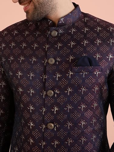Kisah MenS Purple And Navy Blue Sherwani Trousers Set, Cotton Full Sleaves, Knee Length, Straight, Regular Fit, Mandarin Collar
