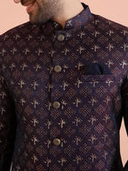 Kisah MenS Purple And Navy Blue Sherwani Trousers Set, Cotton Full Sleaves, Knee Length, Straight, Regular Fit, Mandarin Collar
